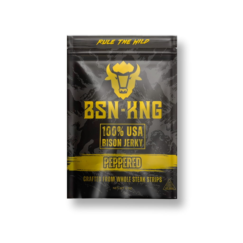 BSN-KNG peppered bison jerky package on a white background
