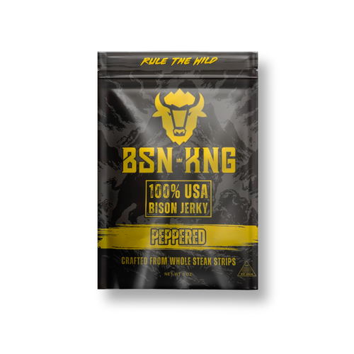 BSN-KNG peppered bison jerky package on a white background