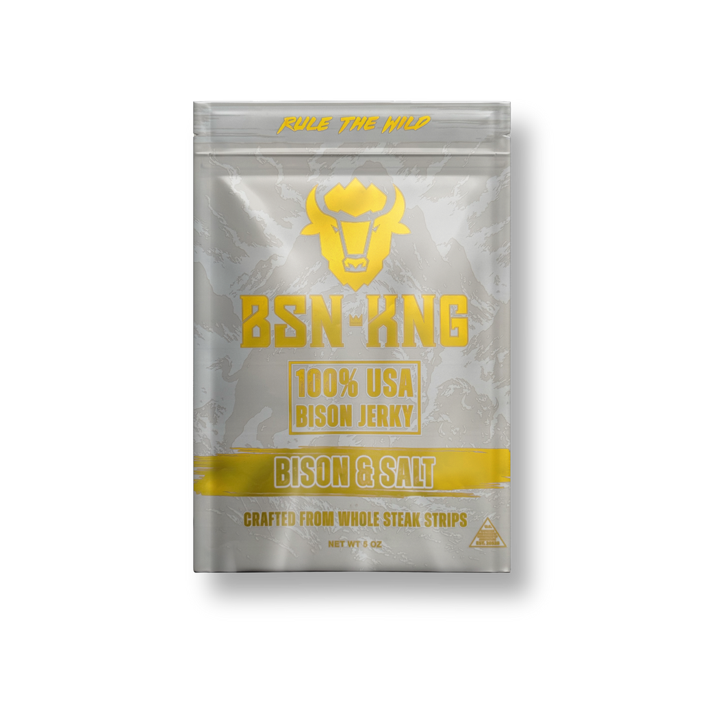 BSN-KNG bison jerky package with gold and gray design on a white background
