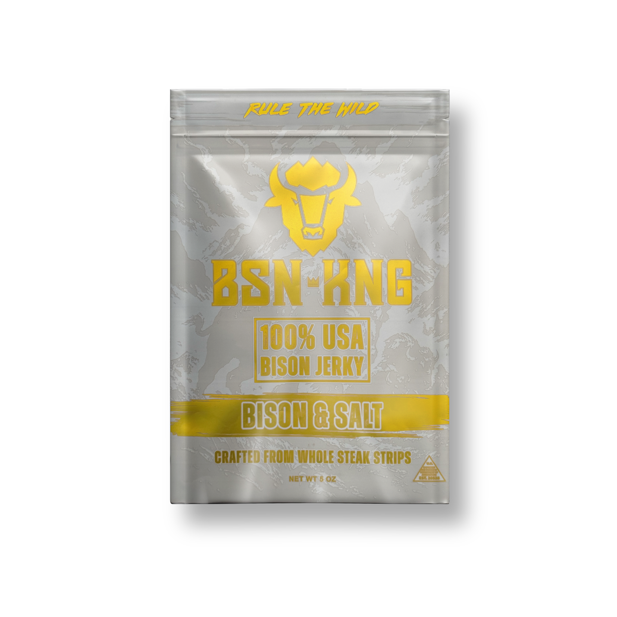 BSN-KNG bison jerky package with gold and gray design on a white background