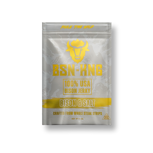 BSN-KNG bison jerky package with gold and gray design on a white background