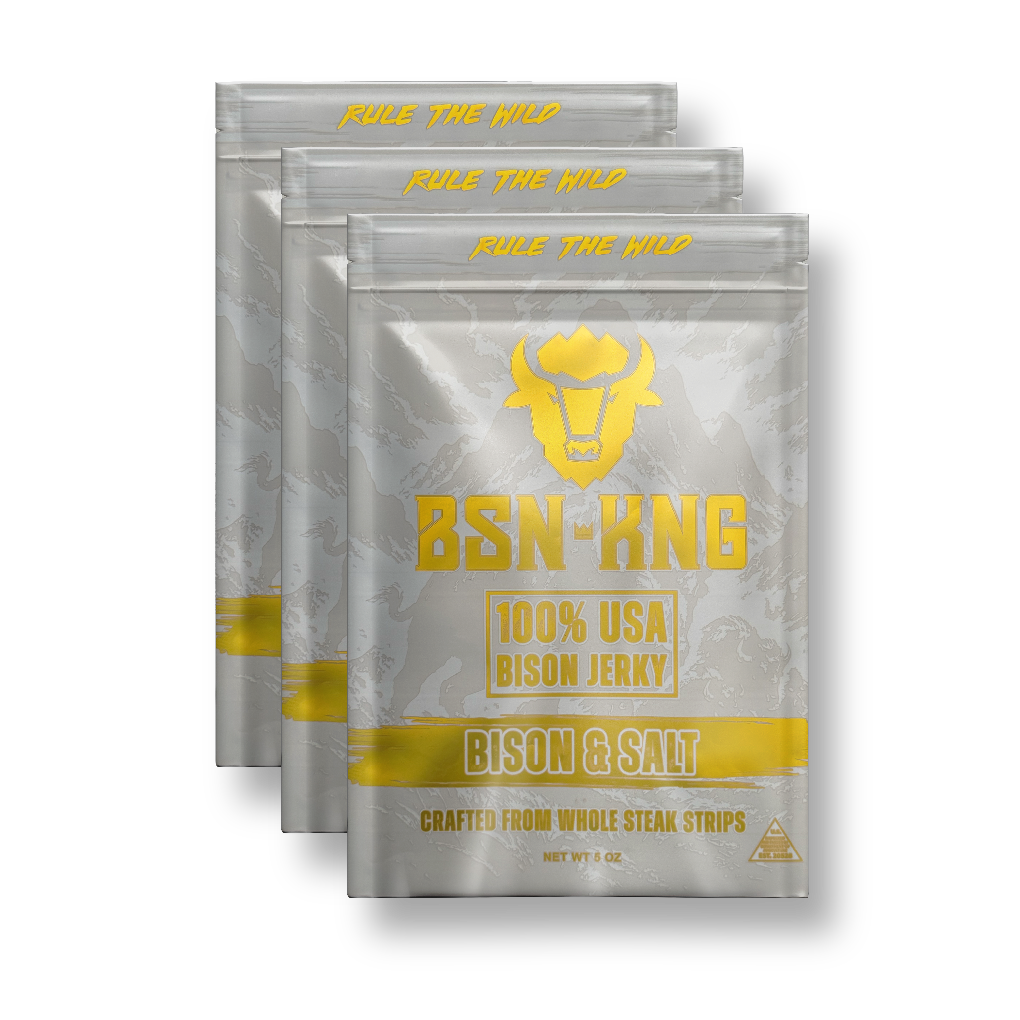 Three packages of BSN-KING 100% USA Bison Jerky with gold text on a white background
