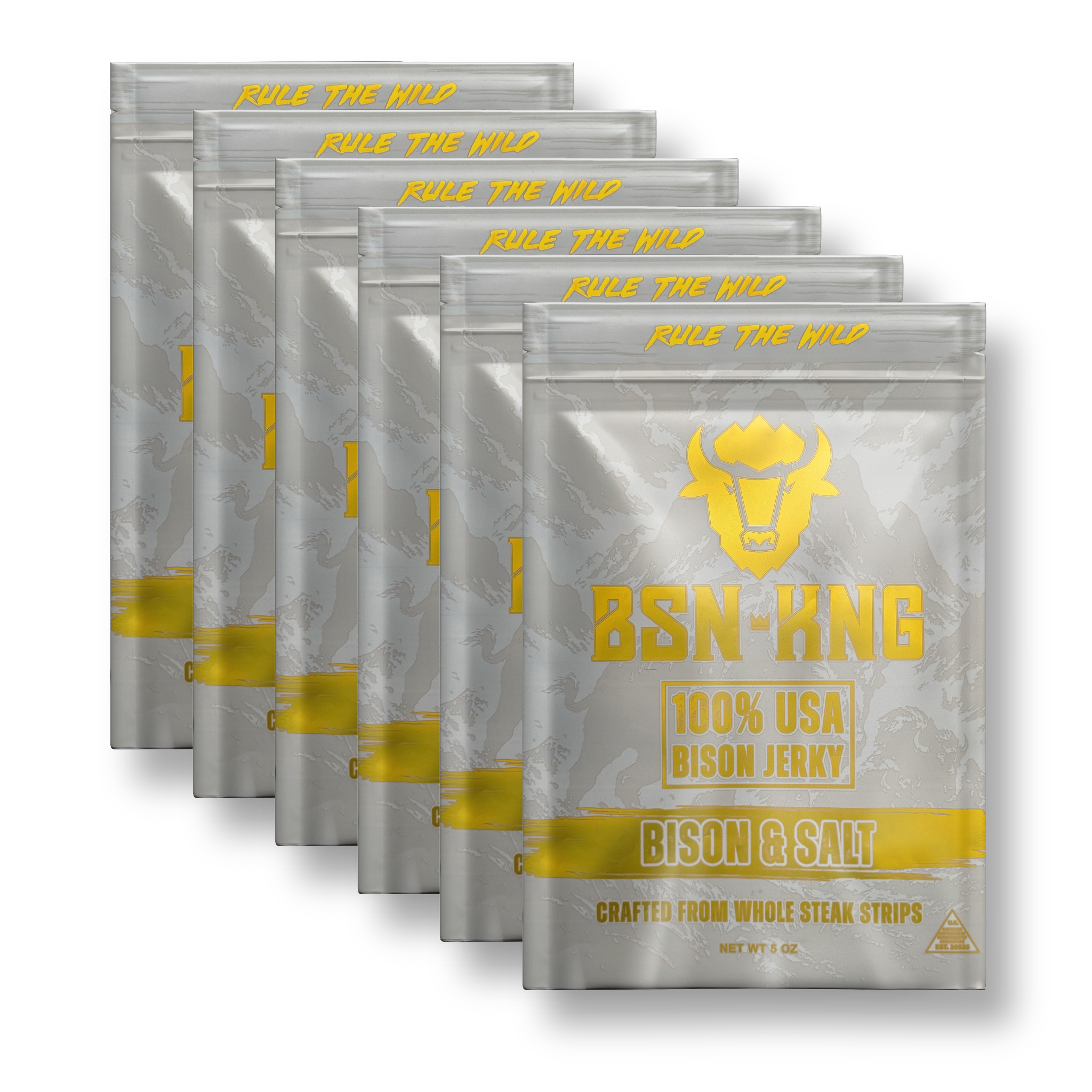 Multiple packages of BSN-KNG 100% USA Bison Jerky with gold text on a white background