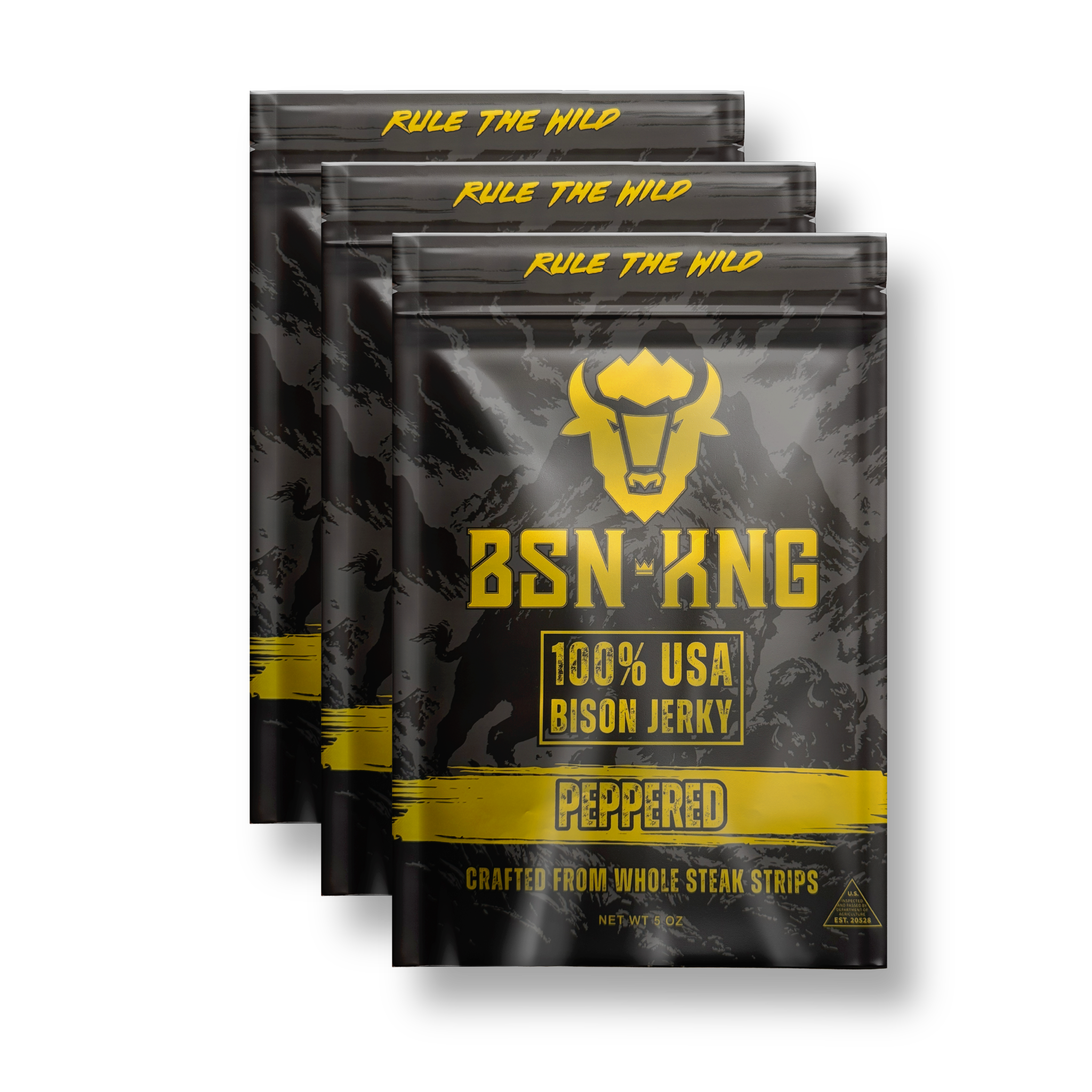 Three packages of BSN King 100% USA Bison Jerky with peppered flavor on a white background.