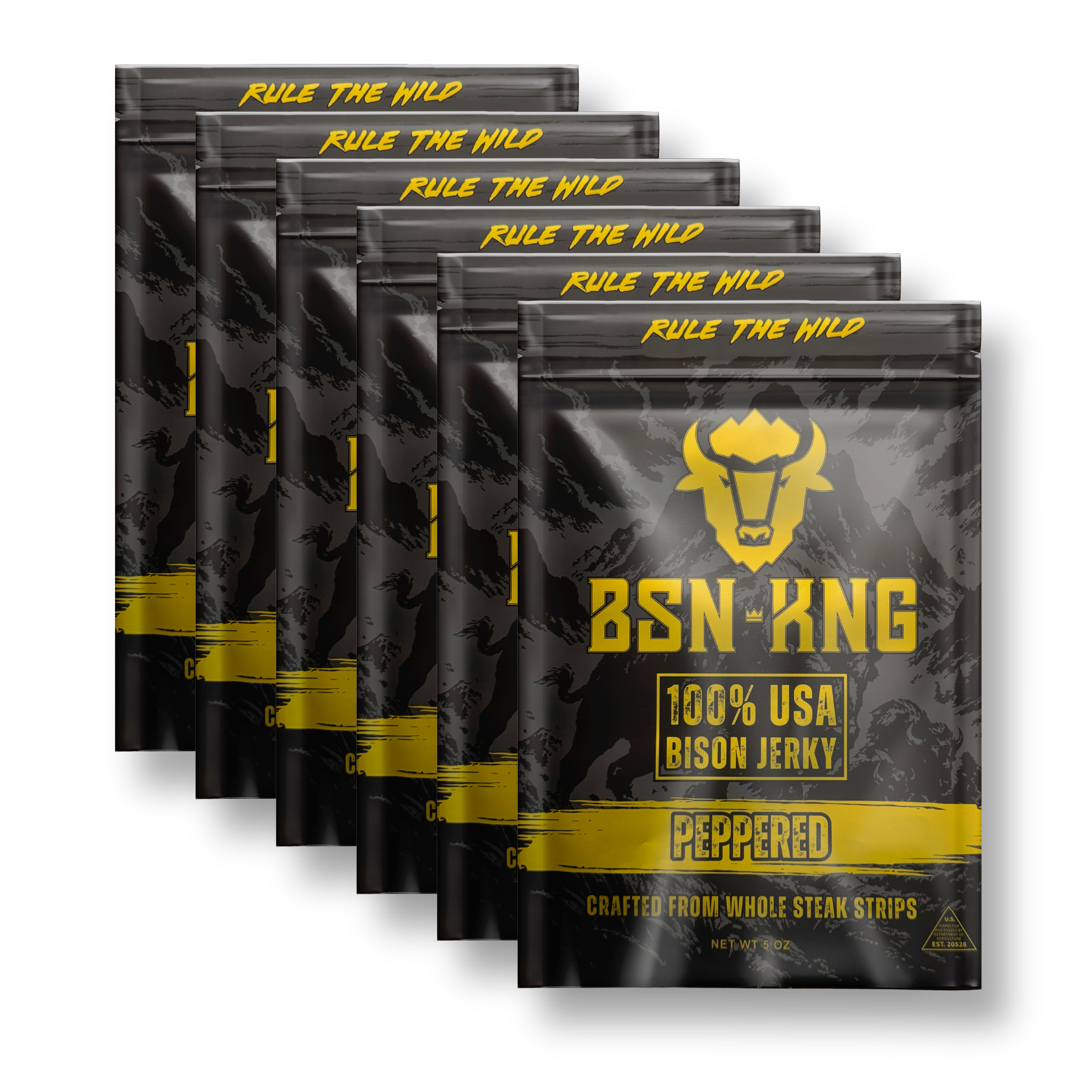 Multiple packages of BSN KNG peppered bison jerky on a white background