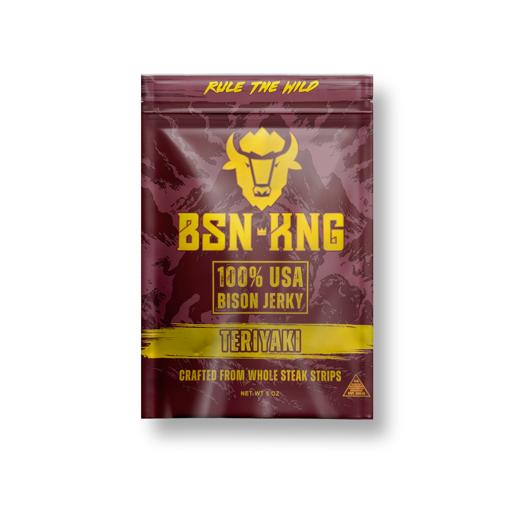 BSN-KNG teriyaki bison jerky package on a white background