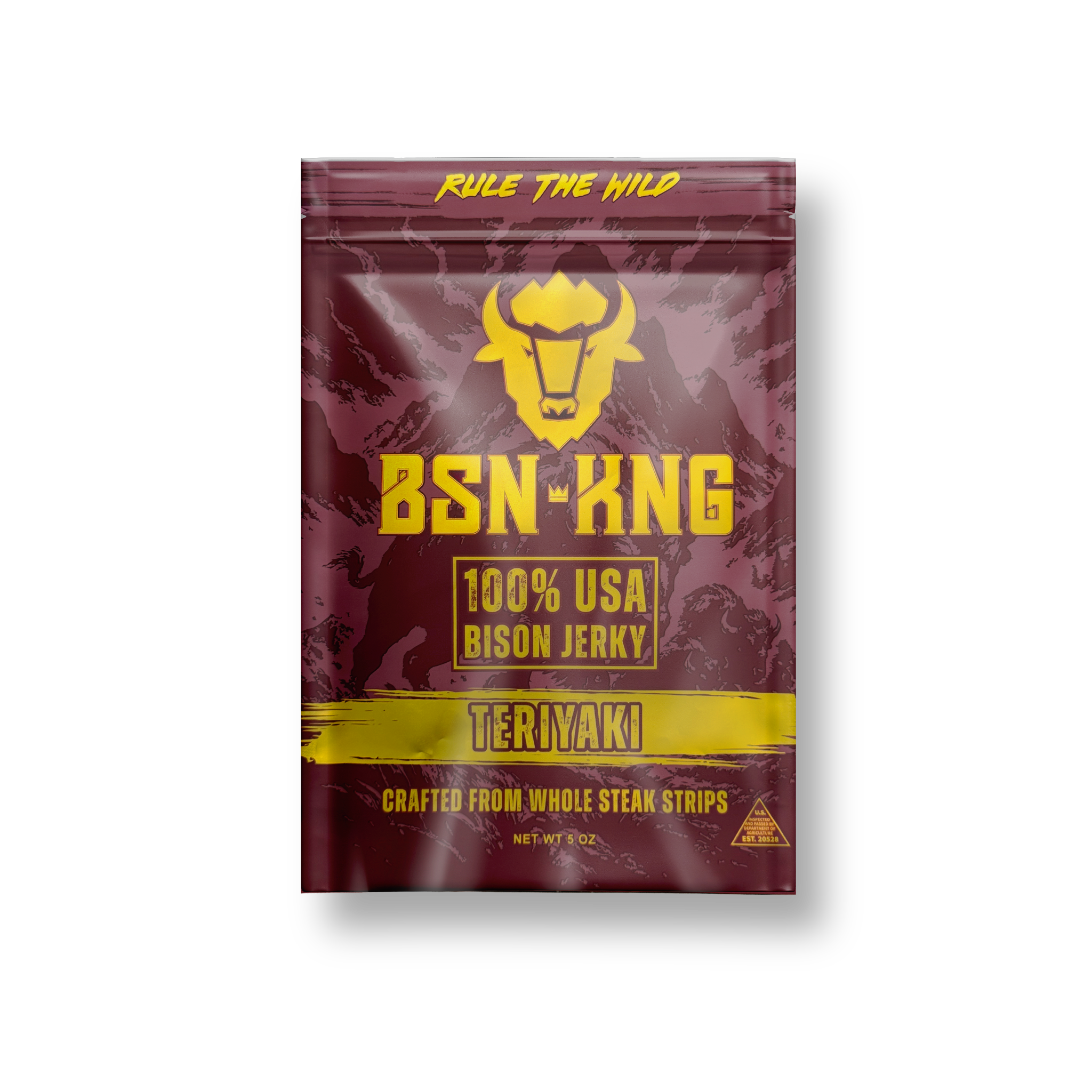 BSN-KNG teriyaki bison jerky package on a white background