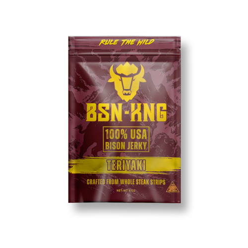 BSN-KNG teriyaki bison jerky package on a white background