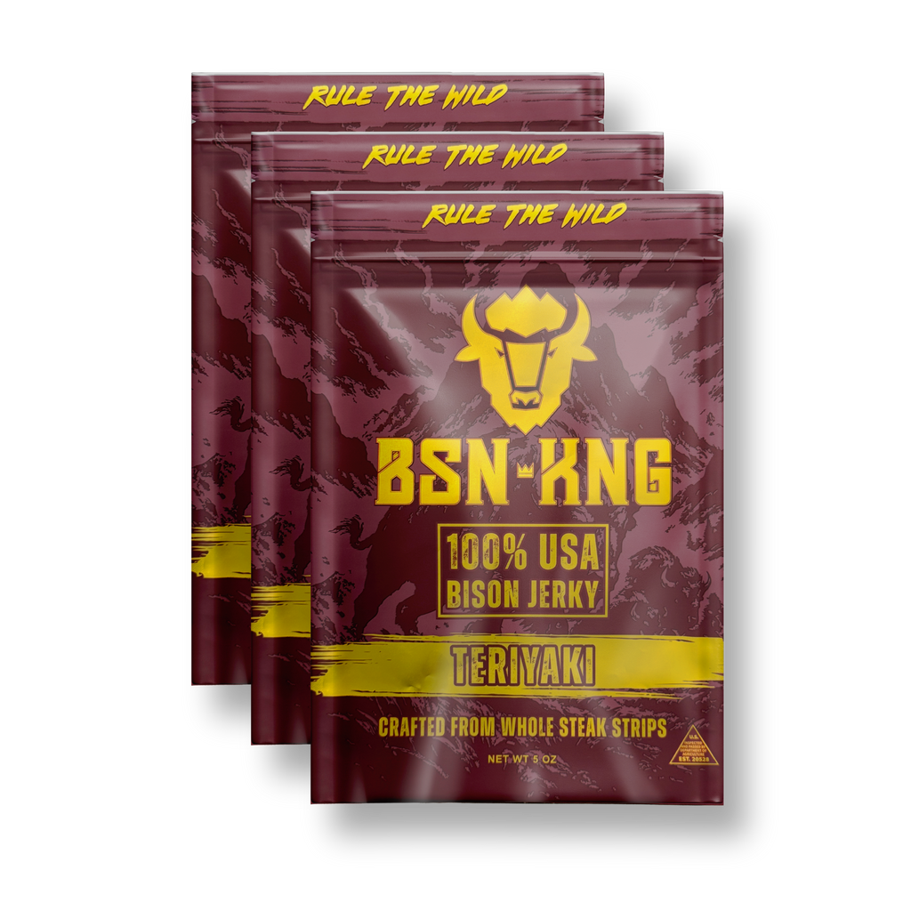 Three packages of BSN-KNG 100% USA Bison Jerky Teriyaki on a white background