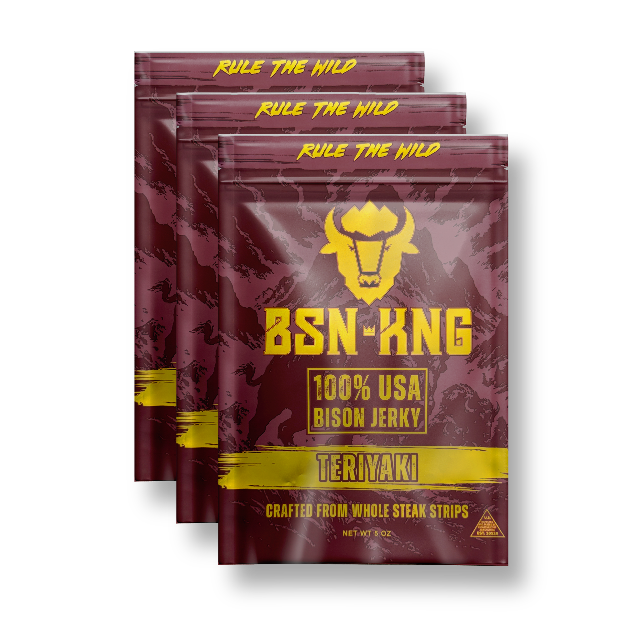 Three packages of BSN-KNG 100% USA Bison Jerky Teriyaki on a white background