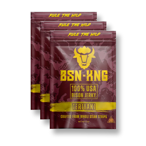 Three packages of BSN-KNG 100% USA Bison Jerky Teriyaki on a white background
