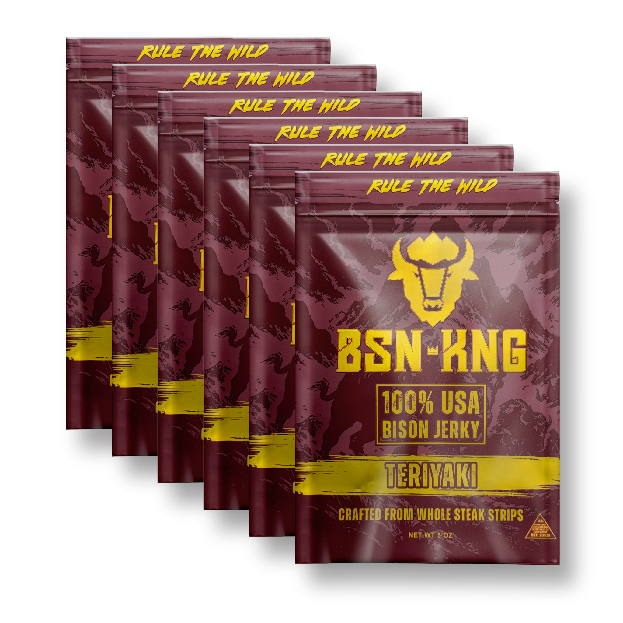 Multiple packages of BSN-KNG 100% USA Bison Jerky in teriyaki flavor on a white background